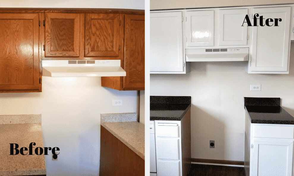 The image shows the before and after of refinished kitchen cabinets over what looks like an empty space for a fridge, the before shows brown wood cabinets and the after shows white painted cabinets.